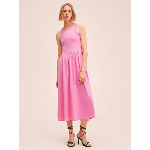 Mango Dresses & Skirts - Mango Pink Cotton Contrast Bodice A-Line Gathered Midi Dress M
